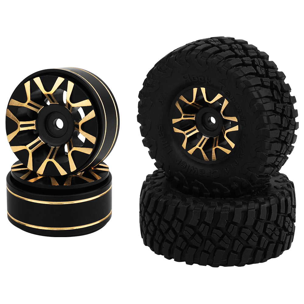 LonZeXy Black Gold CNC Brass Beadlock Wheel Hubs 4Pcs Weighted Rims with 58.7mm Rubber Tires for 1/18 1/24 RC Crawler Car Upgrade