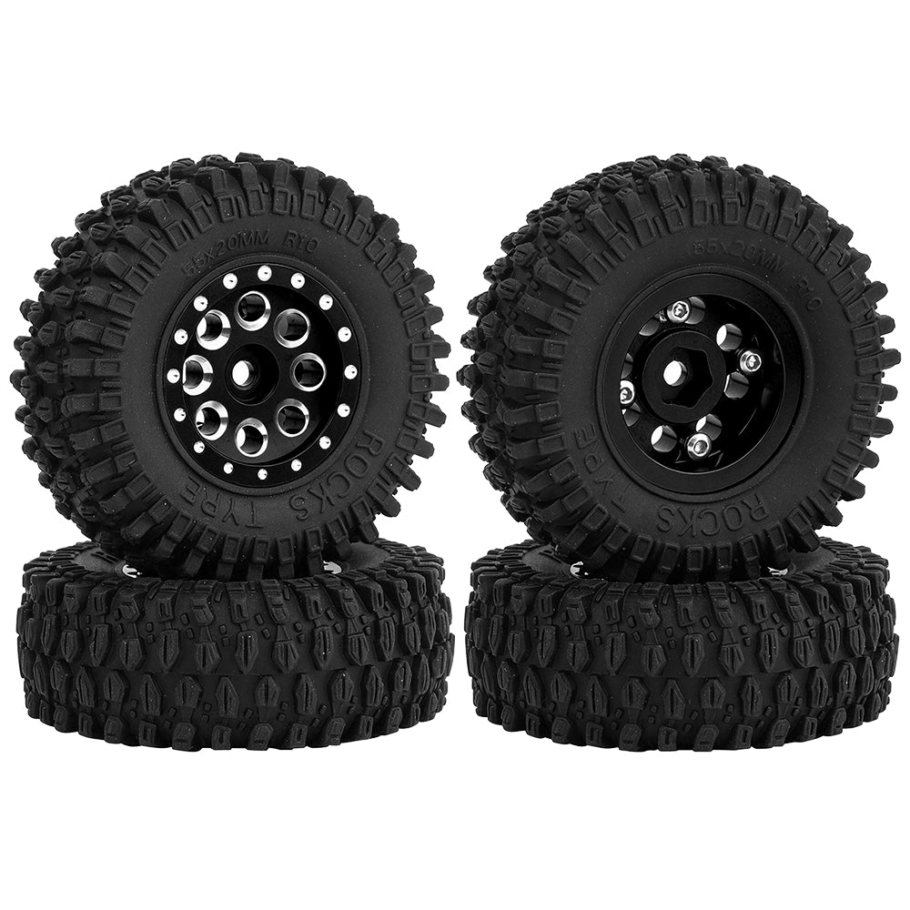 4PCS 55mm 1.0" Beadlock Wheel Rim Tire Set 7mm Hex Aluminum Alloy Wheels for Axial SCX24 C10 90081 1/24 RC Crawler Car Upgrade Parts