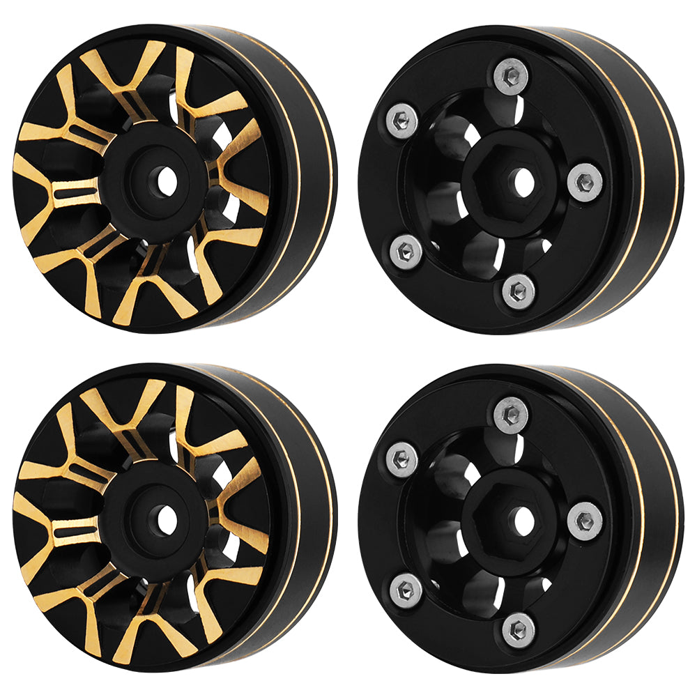 LonZeXy Black Gold CNC Brass Beadlock Wheel Hubs 4Pcs Weighted Rims with 58.7mm Rubber Tires for 1/18 1/24 RC Crawler Car Upgrade