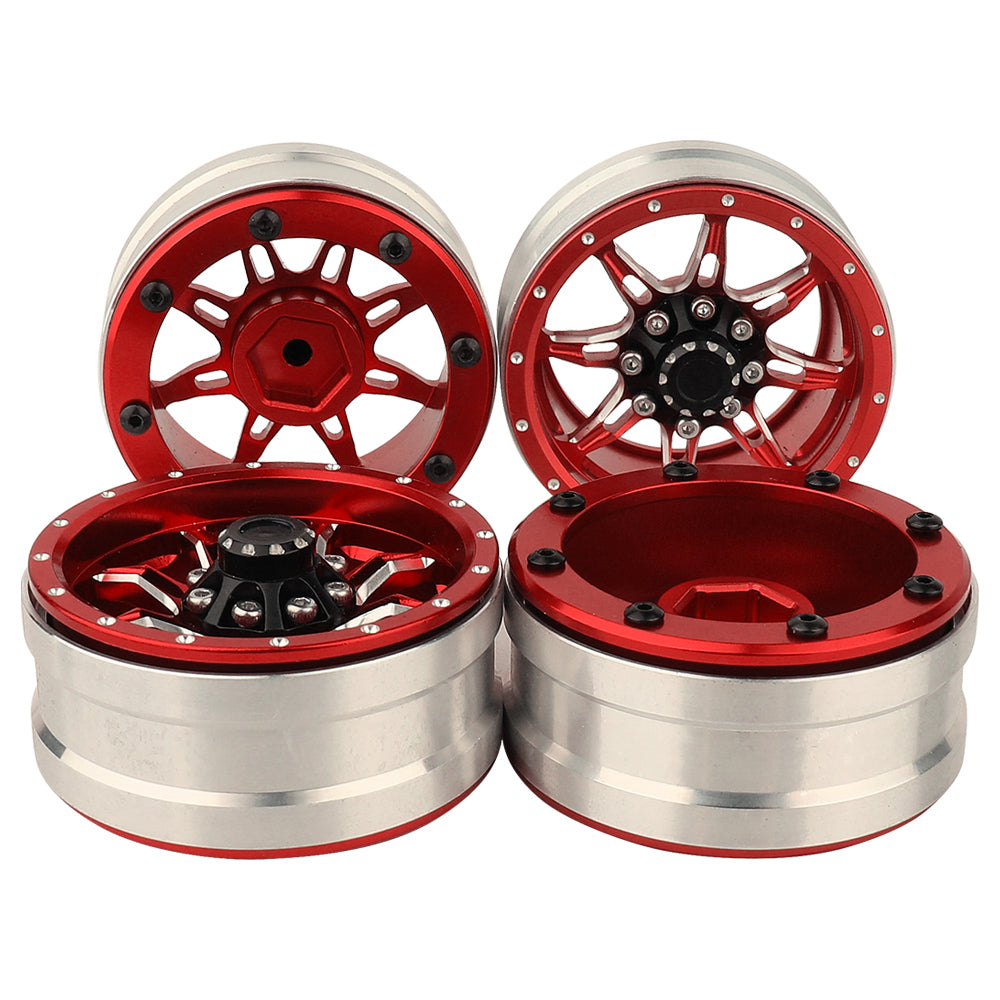 LonZeXy 1.9 Inch CNC Metal Beadlock Wheel Rims & Tyres Kit For 1/10 RC Offroad Crawler Axial SCX10, Alloy RC Wheel Hub Modification Accessories, Black Red Optional