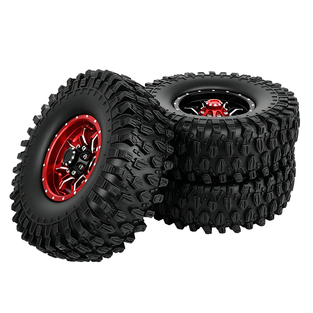 LonZeXy 1.9 Inch CNC Metal Beadlock Wheel Rims & Tyres Kit For 1/10 RC Offroad Crawler Axial SCX10, Alloy RC Wheel Hub Modification Accessories, Black Red Optional