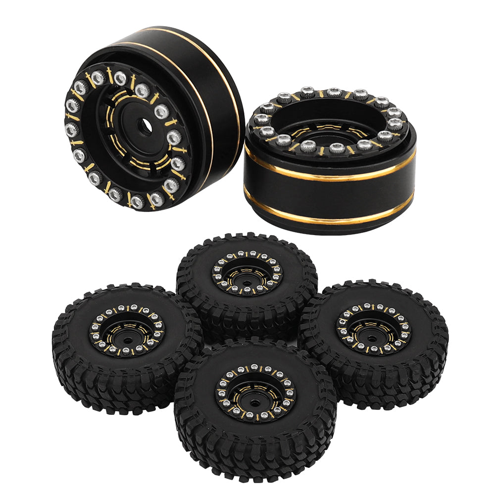 LonZeLy 1/18 1/24 RC Crawler Brass Beadlock Wheel Rims 4Pcs Black Gold With 55mm Rubber Tires RC Offroad Upgrade Parts