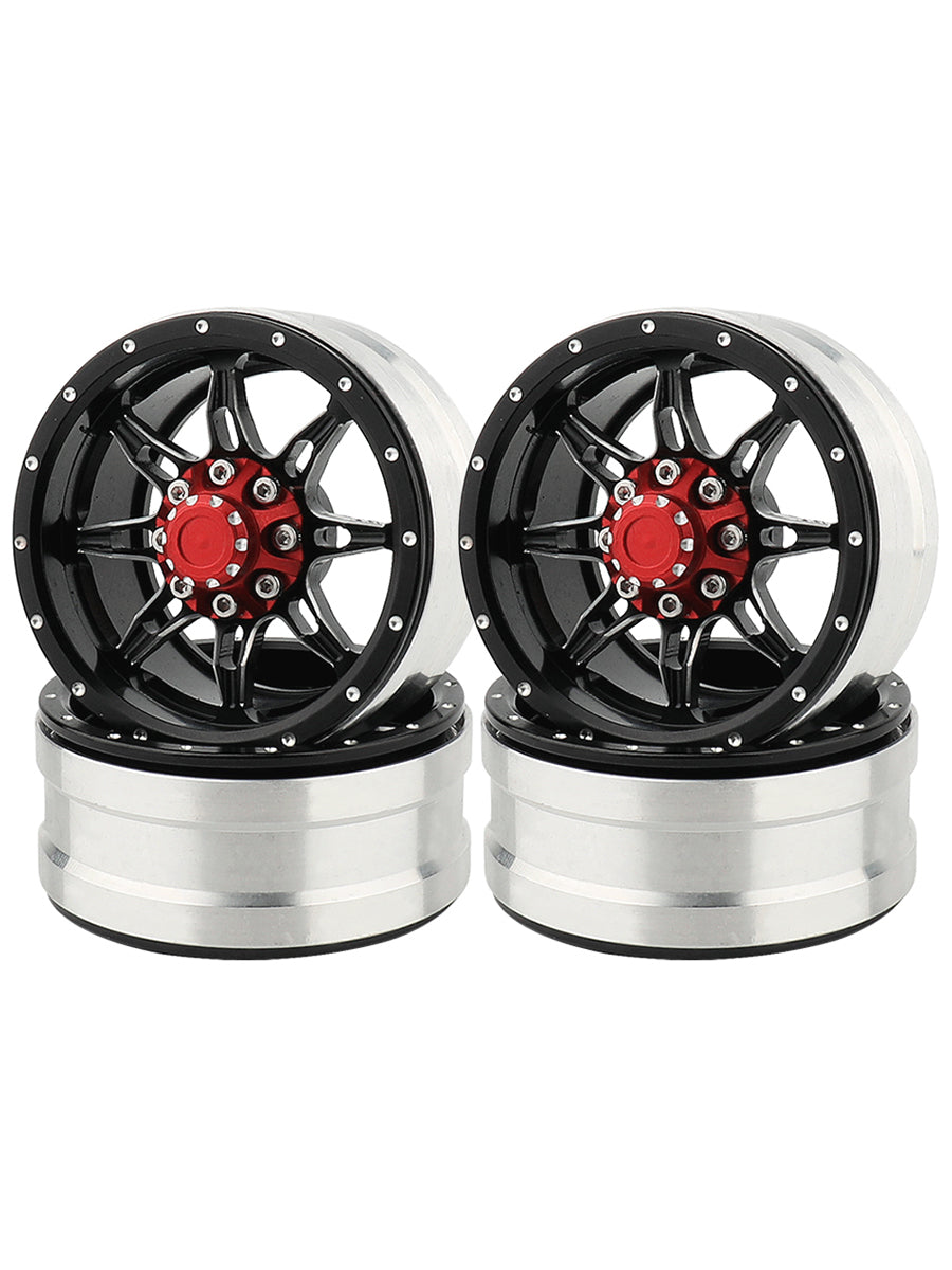 LonZeXy 1.9 Inch CNC Metal Beadlock Wheel Rims & Tyres Kit For 1/10 RC Offroad Crawler Axial SCX10, Alloy RC Wheel Hub Modification Accessories, Black Red Optional