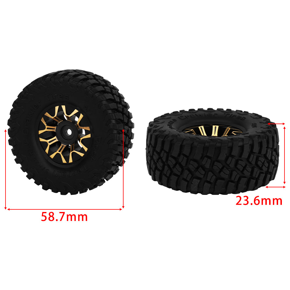 LonZeXy Black Gold CNC Brass Beadlock Wheel Hubs 4Pcs Weighted Rims with 58.7mm Rubber Tires for 1/18 1/24 RC Crawler Car Upgrade