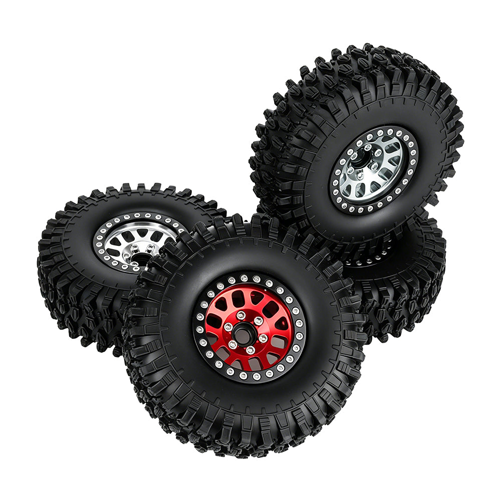 LonZeXy 1.9 Inch CNC Aluminum Beadlock Wheel Rims Rubber Tires Set For 1/10 RC Crawler Axial SCX10 Off-Road Climbing Car Alloy Modification Wheels Multiple Color Options