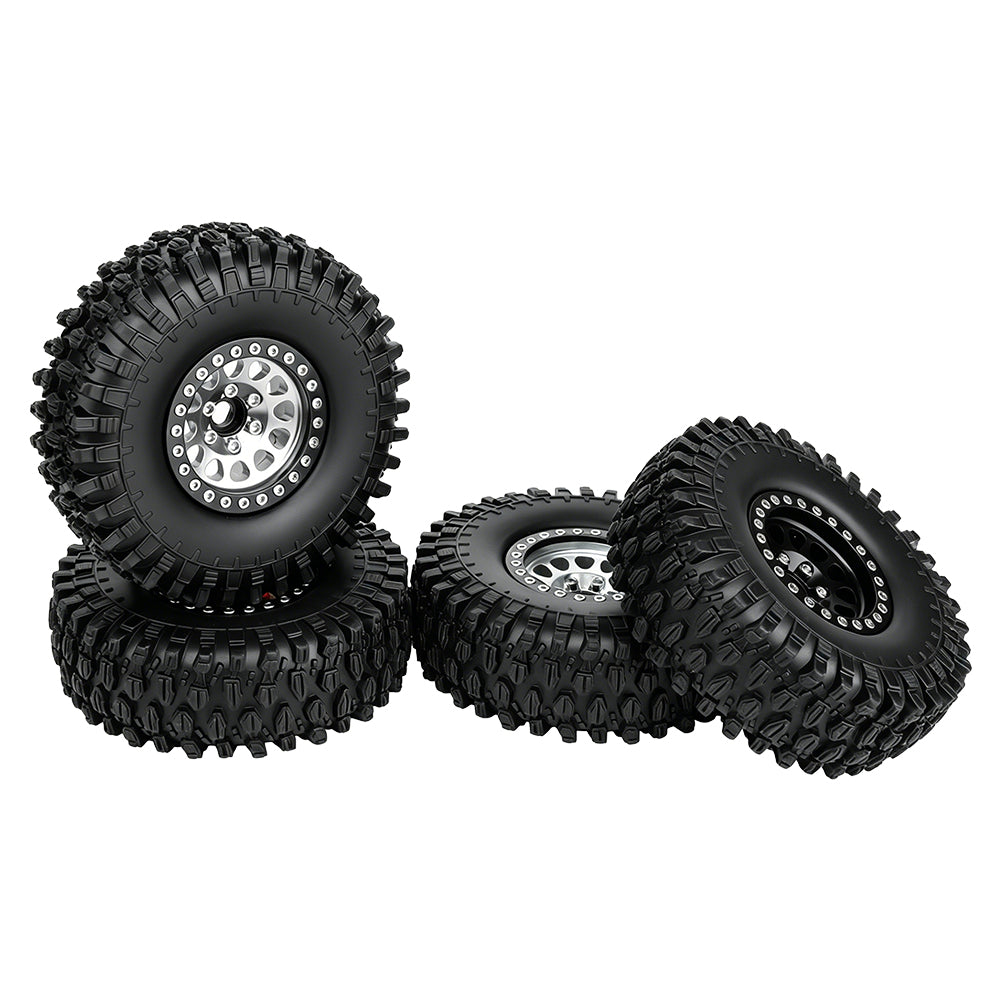 LonZeXy 1.9 Inch CNC Aluminum Beadlock Wheel Rim & Rubber Tire Assembly Triangle Inner Base For 1/10 RC Crawler Axial SCX10 Off Road Climbing Car Upgrade Wheels