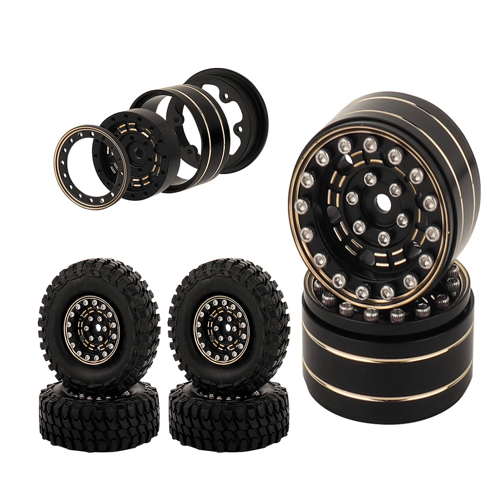 LonZeXy 1/18 1/24 RC Crawler Brass Wheel Rims 4Pcs Black Gold Heavy Weight Wheel Hub with Tires RC Model Upgrade Parts