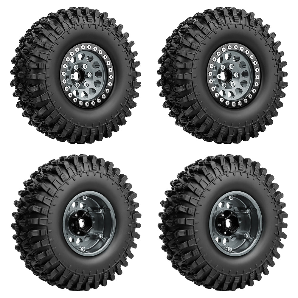 LonZeXy 1.9 Inch CNC Aluminum Beadlock Wheel Rim & Rubber Tire Assembly Triangle Inner Base For 1/10 RC Crawler Axial SCX10 Off Road Climbing Car Upgrade Wheels