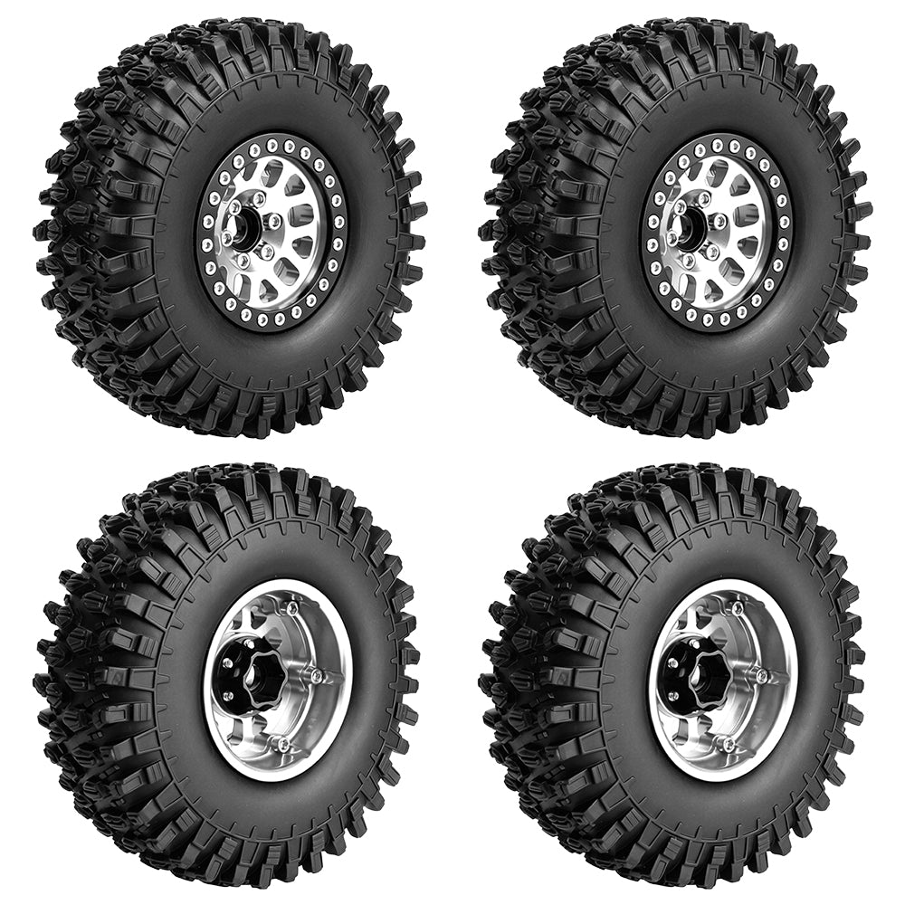 LonZeXy 1.9 Inch CNC Aluminum Beadlock Wheel Rims Rubber Tires Set For 1/10 RC Crawler Axial SCX10 Off-Road Climbing Car Alloy Modification Wheels Multiple Color Options
