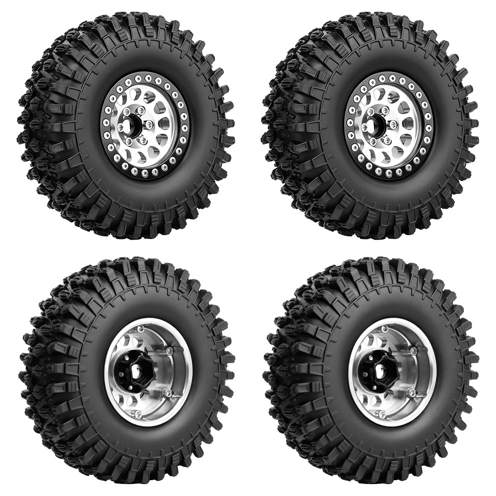 LonZeXy 1.9 Inch CNC Aluminum Beadlock Wheel Rim & Rubber Tire Assembly Triangle Inner Base For 1/10 RC Crawler Axial SCX10 Off Road Climbing Car Upgrade Wheels