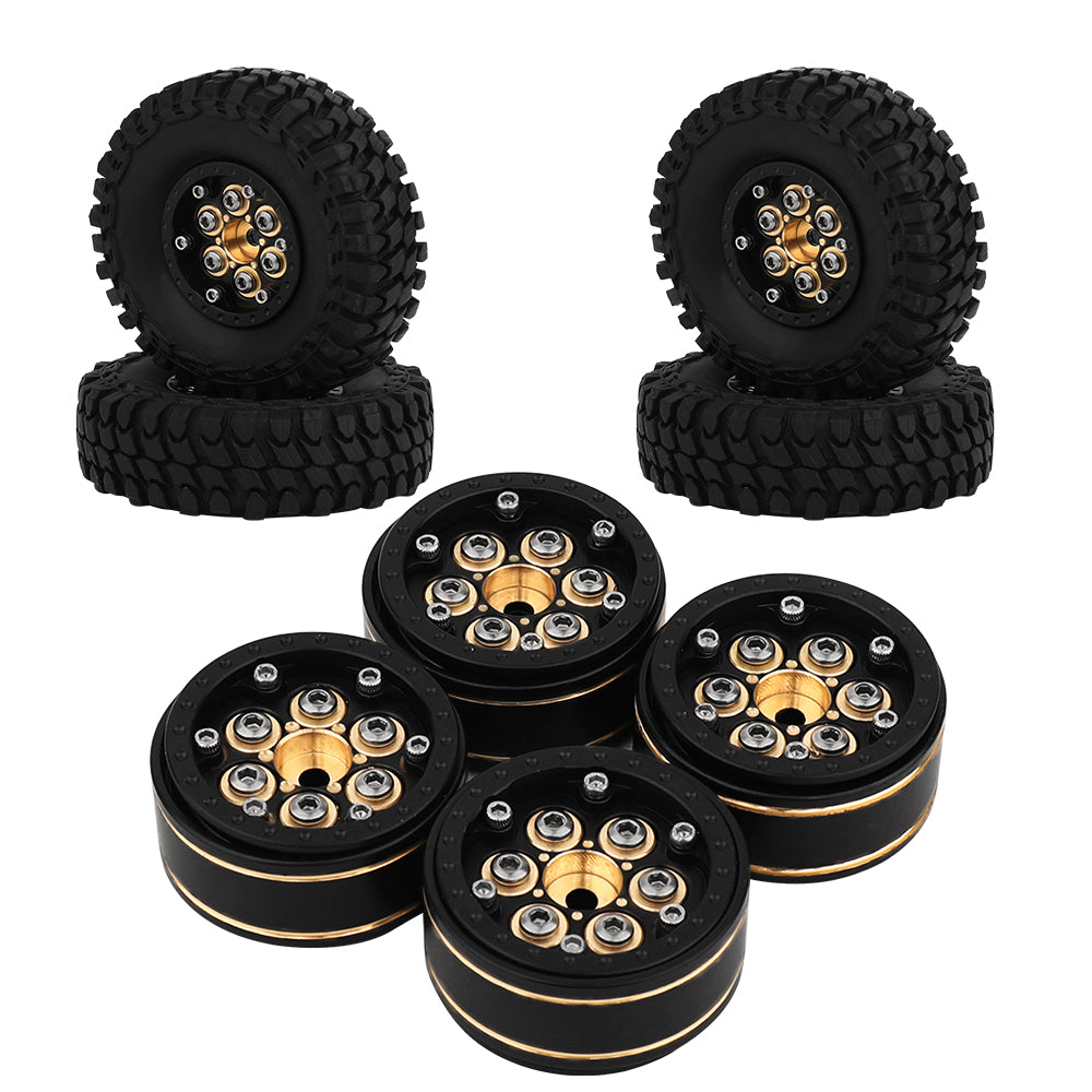LonZeXy Black Gold Weighted Brass Beadlock Wheels 4Pcs For 1/18 1/24 RC Crawler 55mm Rubber Tires Off-Road Upgrade