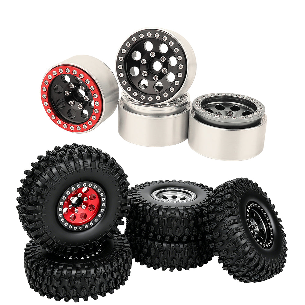LonZeXy 1.9 Inch CNC Aluminum Beadlock Wheel Rim & Rubber Tire Assembly For 1/10 RC Crawler Axial SCX10 Off-Road Climbing Car Alloy Upgrade Wheels Multiple Two-Tone Colors