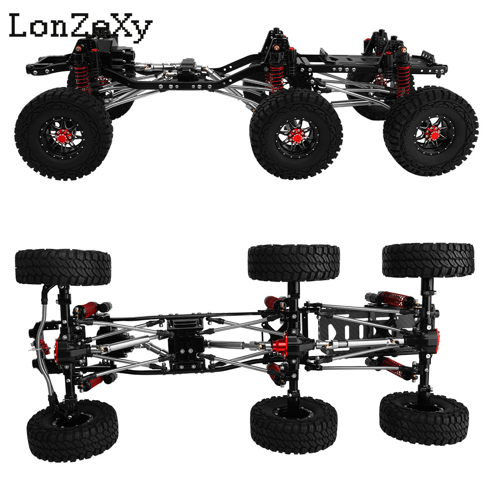 Lonzexy Metal  1/10 6x6 Chassis Frame with 2 Front Steering Axles and Middle Axle Transmission 2 Battery Trays DIY Set for Axial SCX10