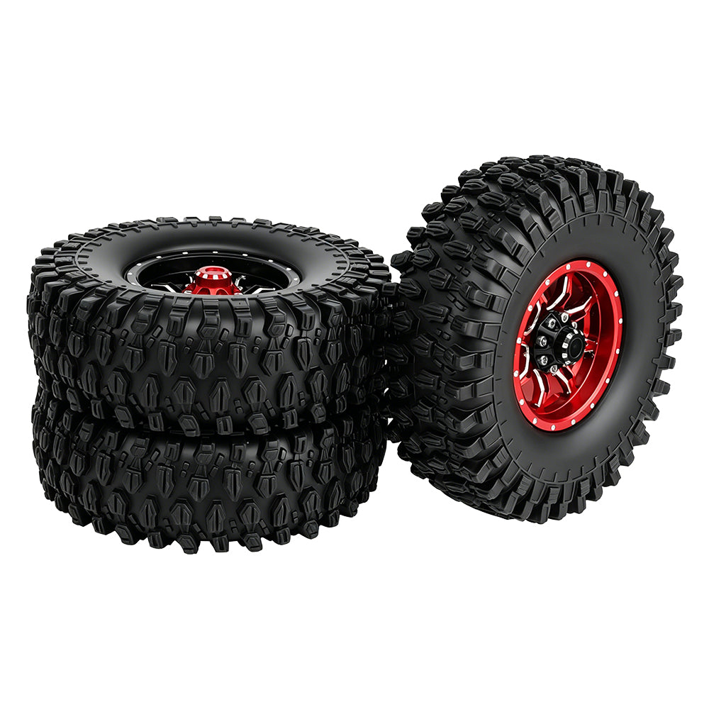 LonZeXy 1.9 Inch CNC Metal Beadlock Wheel Rims & Tyres Kit For 1/10 RC Offroad Crawler Axial SCX10, Alloy RC Wheel Hub Modification Accessories, Black Red Optional