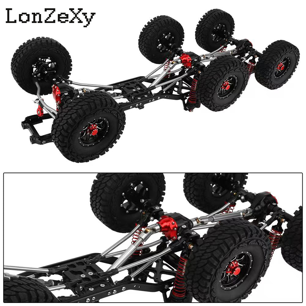 Lonzexy Metal  1/10 6x6 Chassis Frame with 2 Front Steering Axles and Middle Axle Transmission 2 Battery Trays DIY Set for Axial SCX10