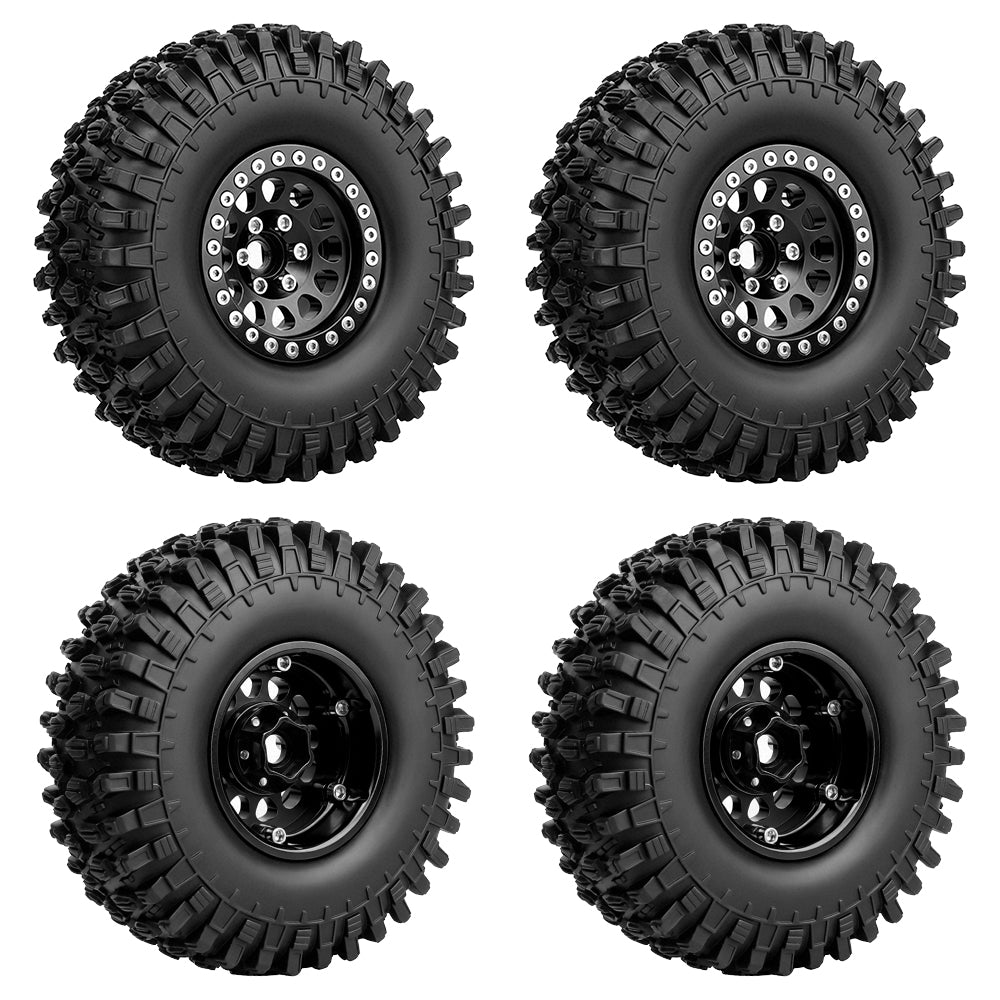 LonZeXy 1.9 Inch CNC Aluminum Beadlock Wheel Rim & Rubber Tire Assembly Triangle Inner Base For 1/10 RC Crawler Axial SCX10 Off Road Climbing Car Upgrade Wheels