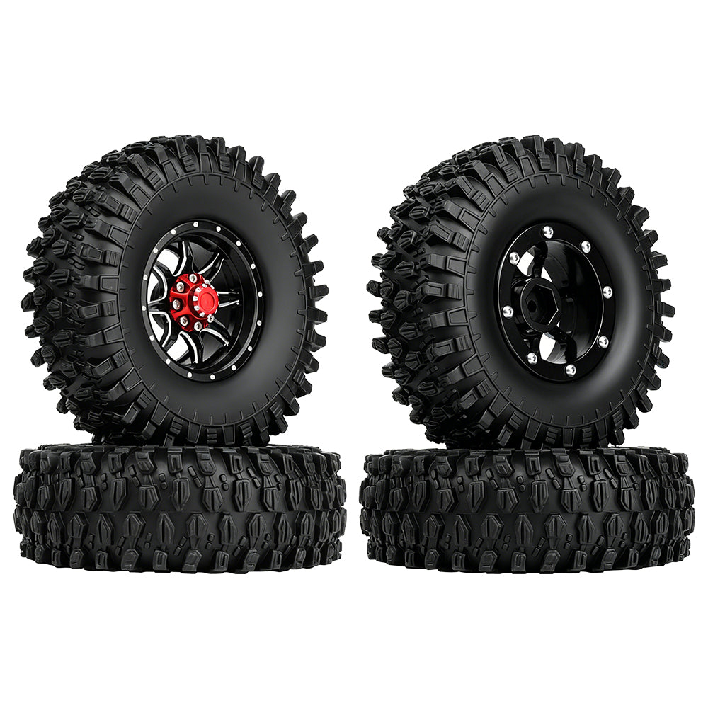 LonZeXy 1.9 Inch CNC Metal Beadlock Wheel Rims & Tyres Kit For 1/10 RC Offroad Crawler Axial SCX10, Alloy RC Wheel Hub Modification Accessories, Black Red Optional