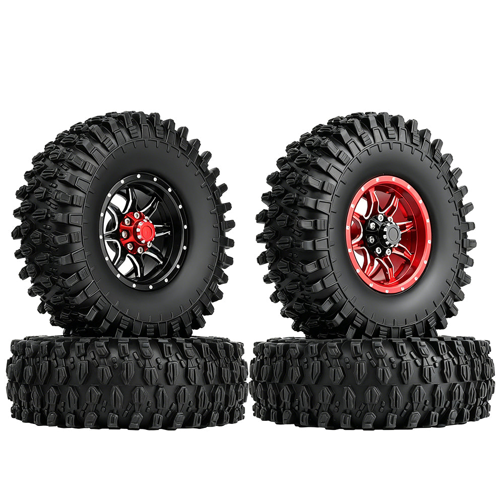 LonZeXy 1.9 Inch CNC Metal Beadlock Wheel Rims & Tyres Kit For 1/10 RC Offroad Crawler Axial SCX10, Alloy RC Wheel Hub Modification Accessories, Black Red Optional