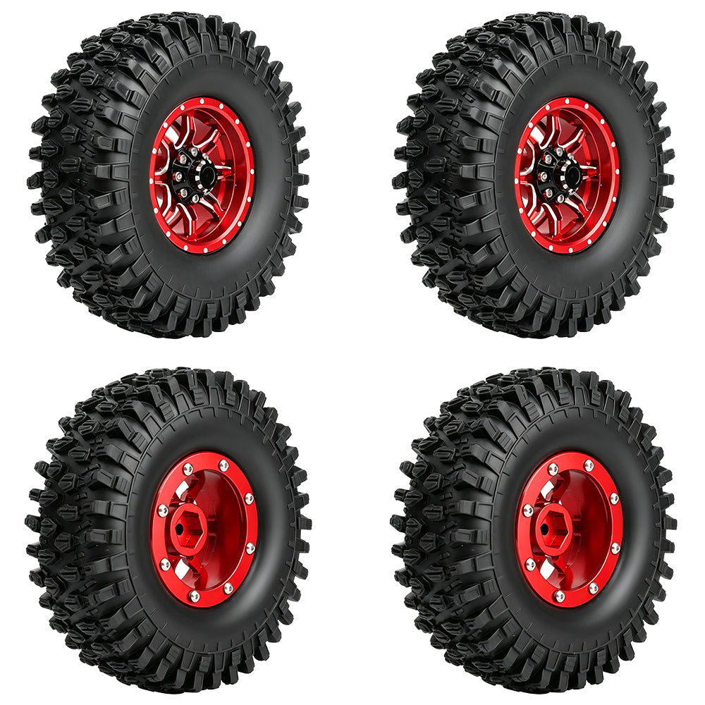 LonZeXy 1.9 Inch CNC Metal Beadlock Wheel Rims & Tyres Kit For 1/10 RC Offroad Crawler Axial SCX10, Alloy RC Wheel Hub Modification Accessories, Black Red Optional