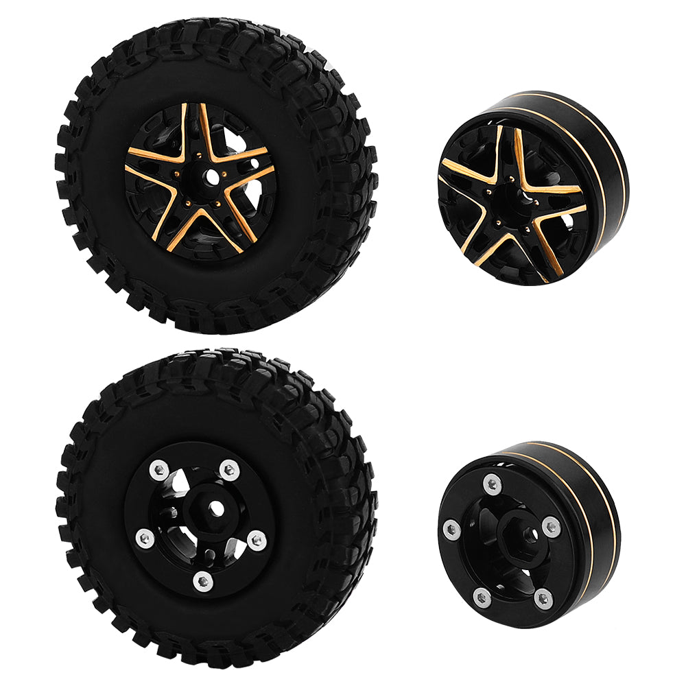 LonZeXy Weighted Brass Wheel Rims 4Pcs Black Gold Style For 1/18 1/24 RC Crawler, 55mm Rubber Tyres Offroad Model Upgrade