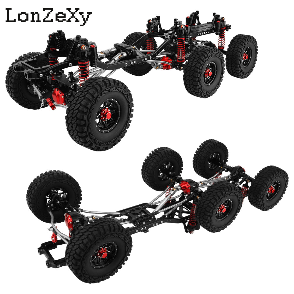 Lonzexy Metal  1/10 6x6 Chassis Frame with 2 Front Steering Axles and Middle Axle Transmission 2 Battery Trays DIY Set for Axial SCX10