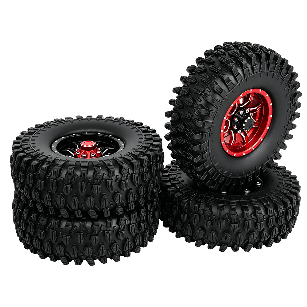 LonZeXy 1.9 Inch CNC Metal Beadlock Wheel Rims & Tyres Kit For 1/10 RC Offroad Crawler Axial SCX10, Alloy RC Wheel Hub Modification Accessories, Black Red Optional