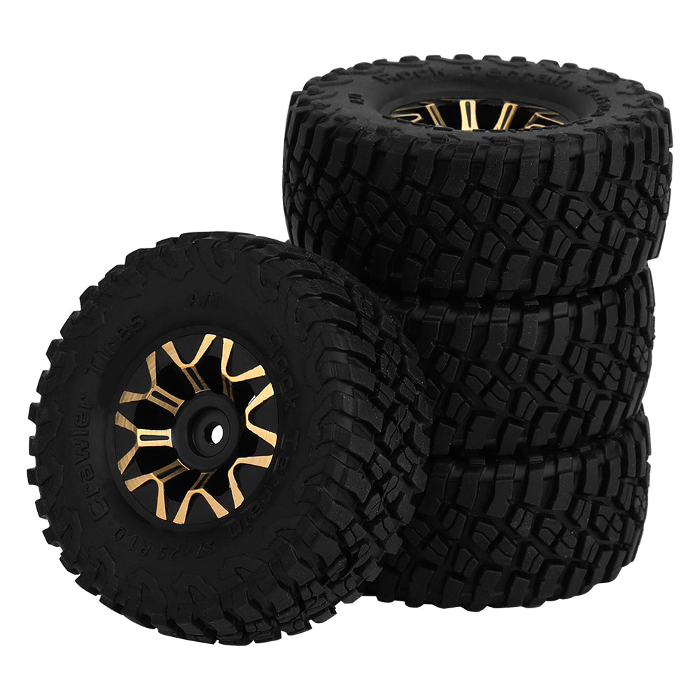 LonZeXy Black Gold CNC Brass Beadlock Wheel Hubs 4Pcs Weighted Rims with 58.7mm Rubber Tires for 1/18 1/24 RC Crawler Car Upgrade