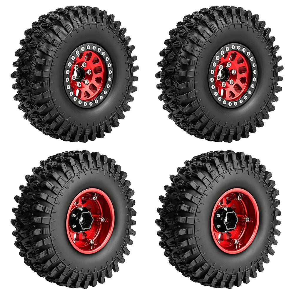 LonZeXy 1.9 Inch CNC Aluminum Beadlock Wheel Rims Rubber Tires Set For 1/10 RC Crawler Axial SCX10 Off-Road Climbing Car Alloy Modification Wheels Multiple Color Options