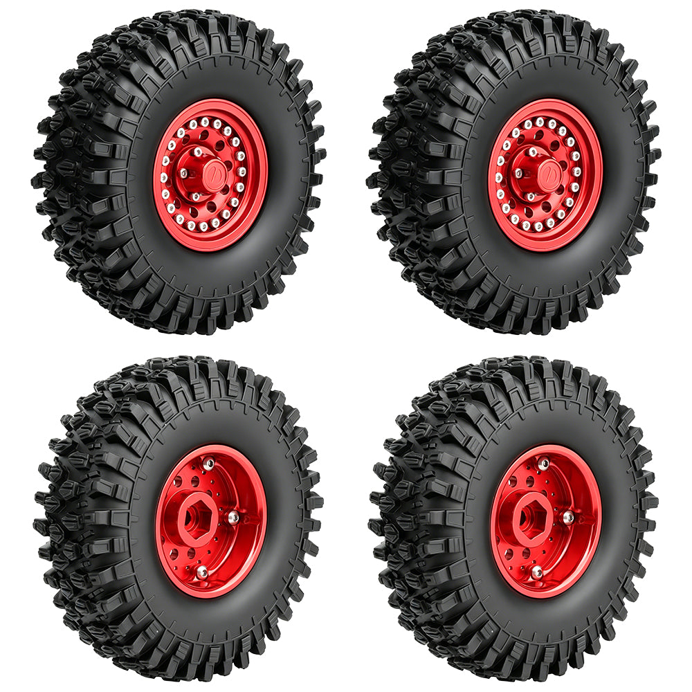 LonZeXy 1.9 Inch CNC Aluminum Beadlock Wheel Rims Rubber Tires Set For 1/10 RC Crawler Axial SCX10 Off Road Climbing Car Alloy Modification Wheels Multiple Color Options
