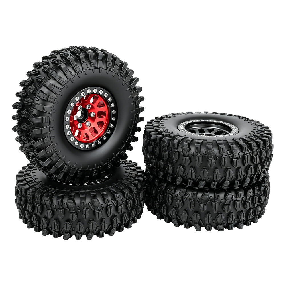 LonZeXy 1.9 Inch CNC Aluminum Beadlock Wheel Rims Rubber Tires Set For 1/10 RC Crawler Axial SCX10 Off-Road Climbing Car Alloy Modification Wheels Multiple Color Options
