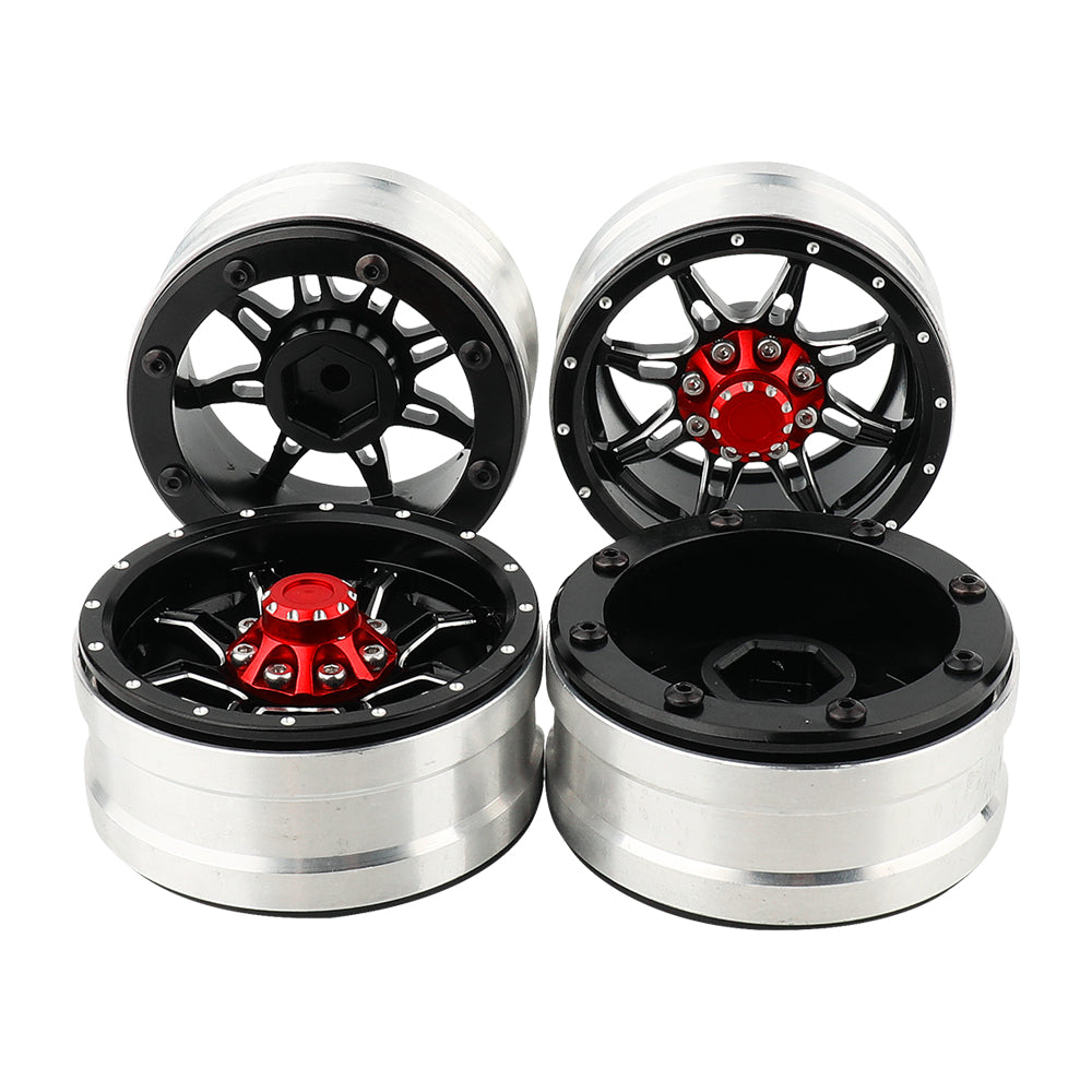 LonZeXy 1.9 Inch CNC Metal Beadlock Wheel Rims & Tyres Kit For 1/10 RC Offroad Crawler Axial SCX10, Alloy RC Wheel Hub Modification Accessories, Black Red Optional