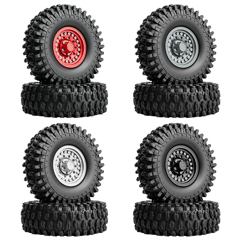 LonZeXy 1.9 Inch CNC Aluminum Beadlock Wheel Rims Rubber Tires Set For 1/10 RC Crawler Axial SCX10 Off Road Climbing Car Alloy Modification Wheels Multiple Color Options