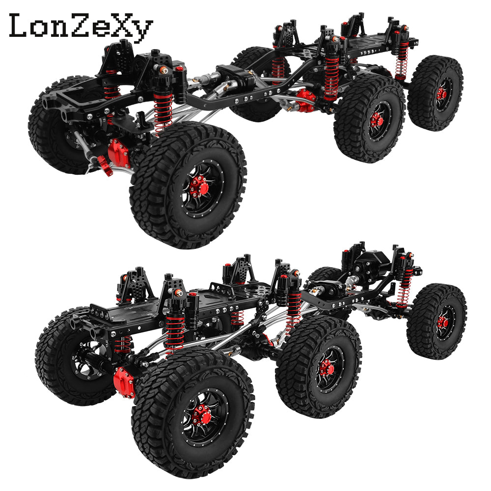 Lonzexy Metal  1/10 6x6 Chassis Frame with 2 Front Steering Axles and Middle Axle Transmission 2 Battery Trays DIY Set for Axial SCX10