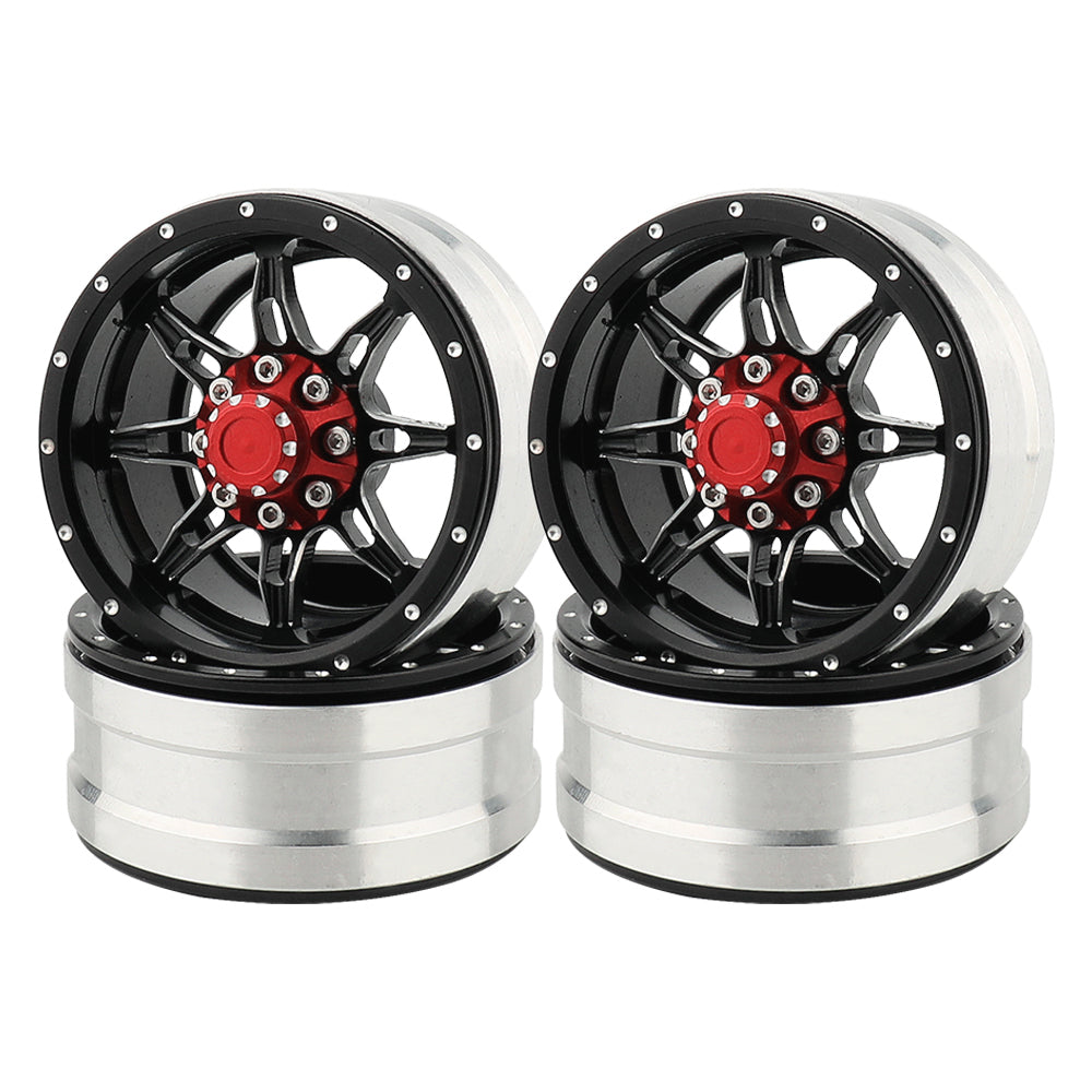 LonZeXy 1.9 Inch CNC Metal Beadlock Wheel Rims & Tyres Kit For 1/10 RC Offroad Crawler Axial SCX10, Alloy RC Wheel Hub Modification Accessories, Black Red Optional