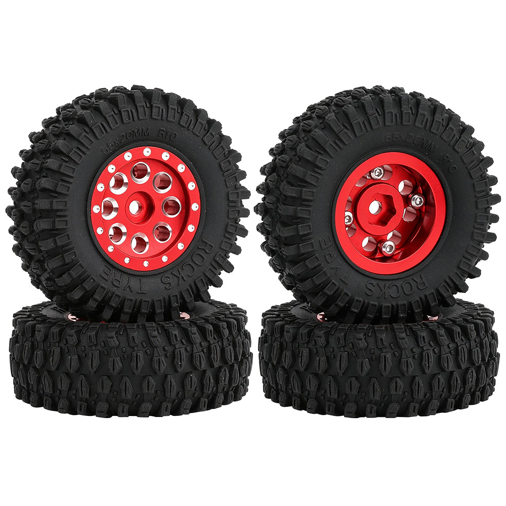 4PCS 55mm 1.0" Beadlock Wheel Rim Tire Set 7mm Hex Aluminum Alloy Wheels for Axial SCX24 C10 90081 1/24 RC Crawler Car Upgrade Parts