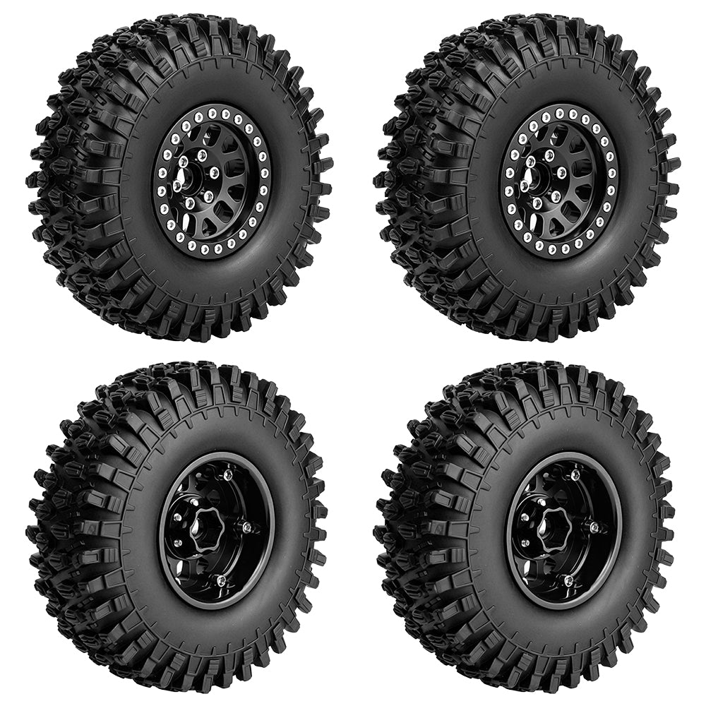 LonZeXy 1.9 Inch CNC Aluminum Beadlock Wheel Rims Rubber Tires Set For 1/10 RC Crawler Axial SCX10 Off-Road Climbing Car Alloy Modification Wheels Multiple Color Options