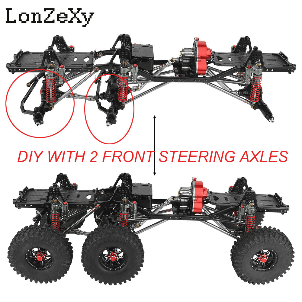 LONZEXY DIY 6x6 Frame+2 Front Steering Axles+Middle Axle Transmission 2 Battery Trays for SCX10