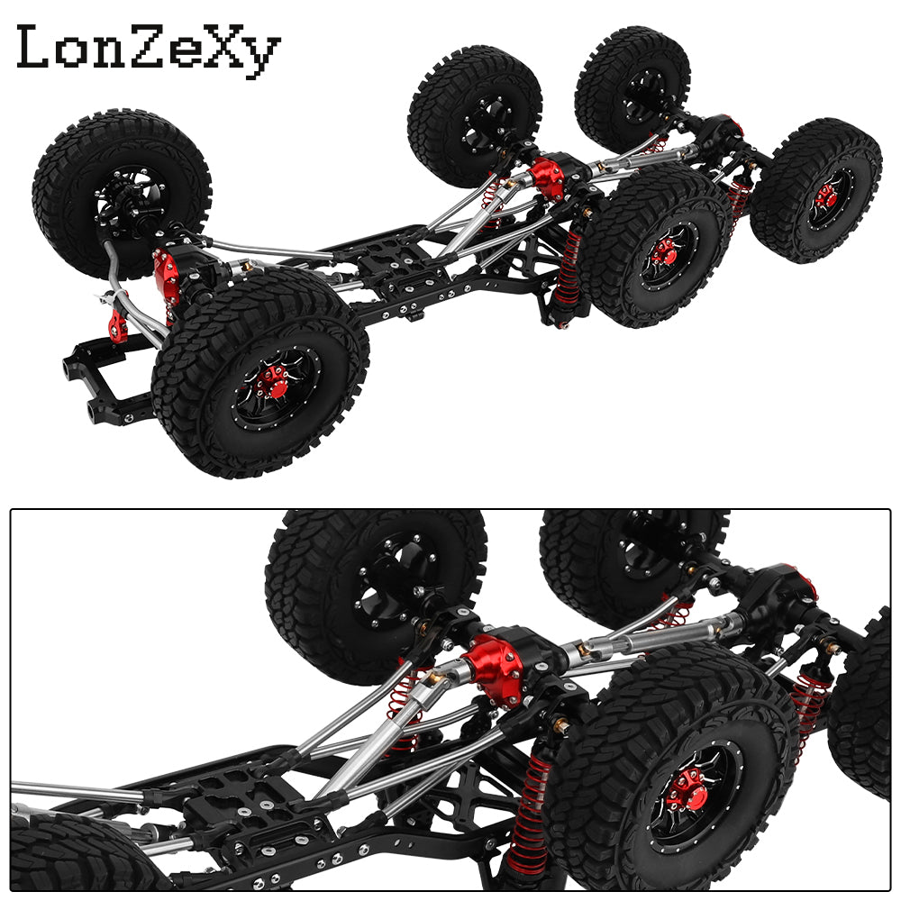 Lonzexy Metal  1/10 6x6 Chassis Frame with 2 Front Steering Axles and Middle Axle Transmission 2 Battery Trays DIY Set for Axial SCX10