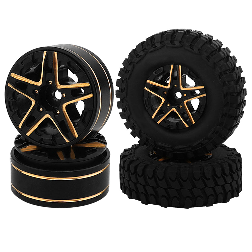LonZeXy Weighted Brass Wheel Rims 4Pcs Black Gold Style For 1/18 1/24 RC Crawler, 55mm Rubber Tyres Offroad Model Upgrade