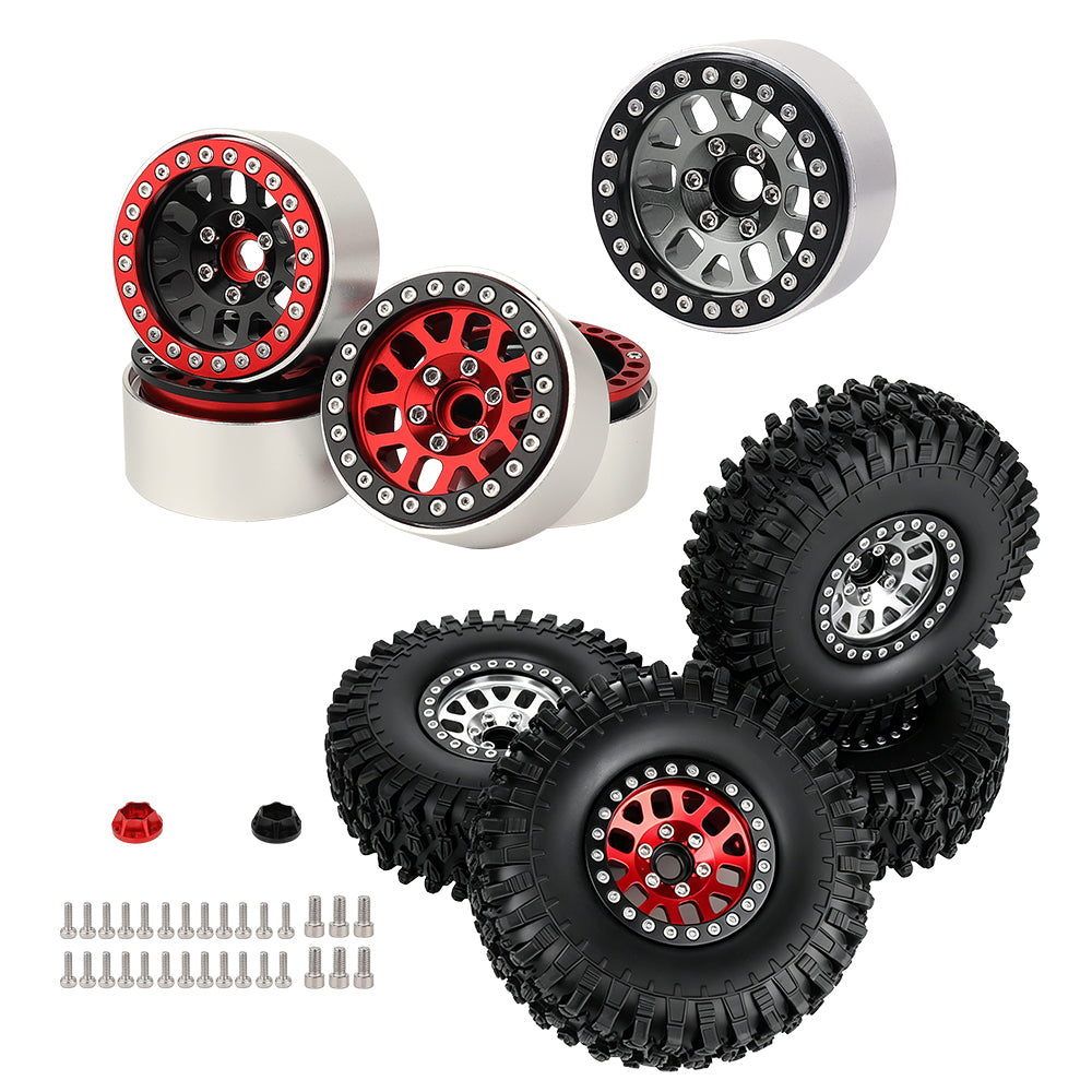 LonZeXy 1.9 Inch CNC Aluminum Beadlock Wheel Rims Rubber Tires Set For 1/10 RC Crawler Axial SCX10 Off-Road Climbing Car Alloy Modification Wheels Multiple Color Options