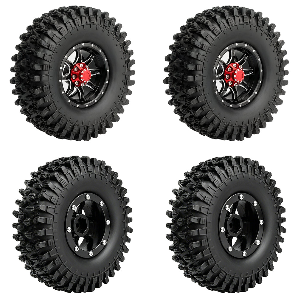 LonZeXy 1.9 Inch CNC Metal Beadlock Wheel Rims & Tyres Kit For 1/10 RC Offroad Crawler Axial SCX10, Alloy RC Wheel Hub Modification Accessories, Black Red Optional