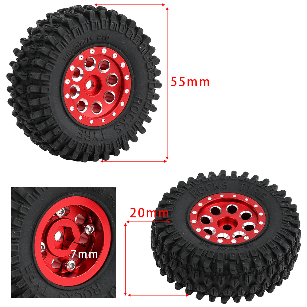 4PCS 55mm 1.0" Beadlock Wheel Rim Tire Set 7mm Hex Aluminum Alloy Wheels for Axial SCX24 C10 90081 1/24 RC Crawler Car Upgrade Parts