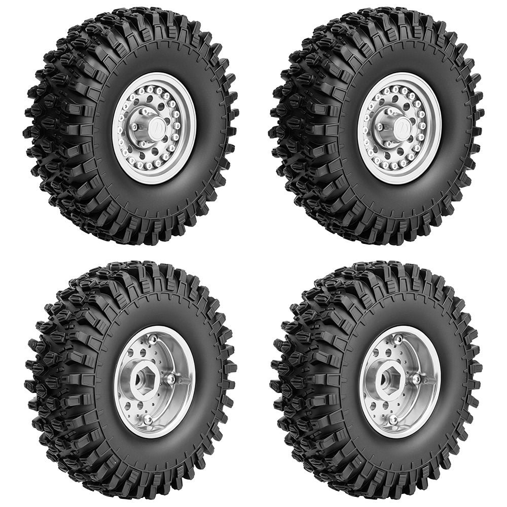 LonZeXy 1.9 Inch CNC Aluminum Beadlock Wheel Rims Rubber Tires Set For 1/10 RC Crawler Axial SCX10 Off Road Climbing Car Alloy Modification Wheels Multiple Color Options