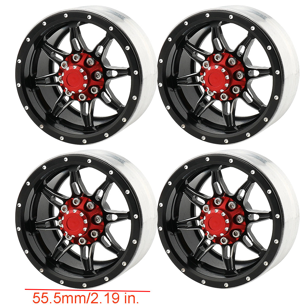 LonZeXy 1.9 Inch CNC Metal Beadlock Wheel Rims & Tyres Kit For 1/10 RC Offroad Crawler Axial SCX10, Alloy RC Wheel Hub Modification Accessories, Black Red Optional