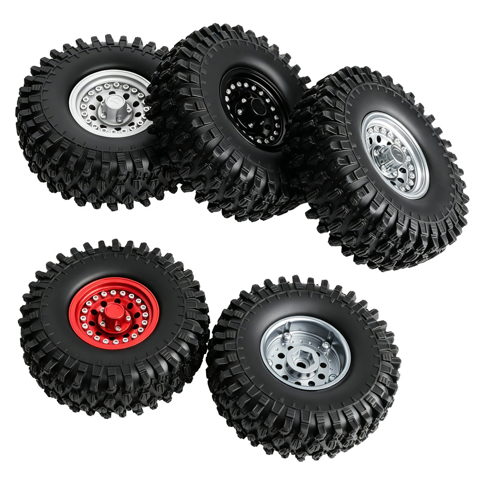 LonZeXy 1.9 Inch CNC Aluminum Beadlock Wheel Rims Rubber Tires Set For 1/10 RC Crawler Axial SCX10 Off Road Climbing Car Alloy Modification Wheels Multiple Color Options