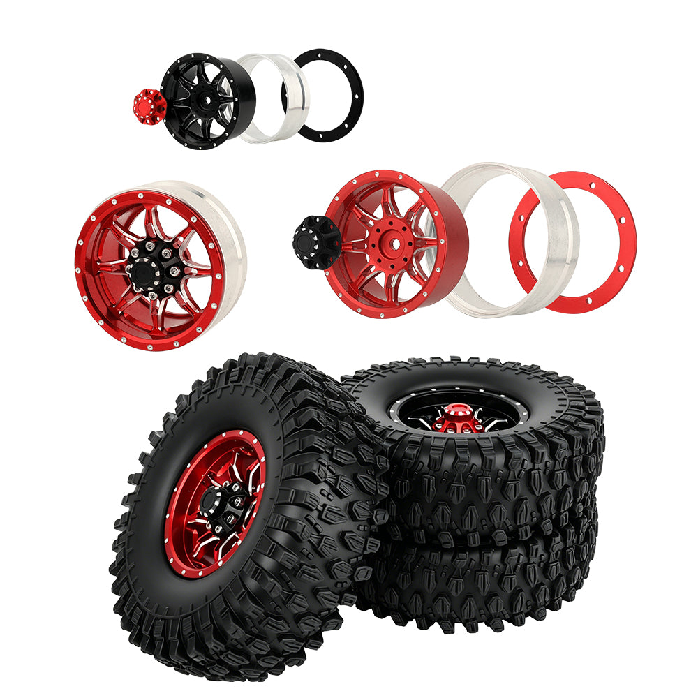 LonZeXy 1.9 Inch CNC Metal Beadlock Wheel Rims & Tyres Kit For 1/10 RC Offroad Crawler Axial SCX10, Alloy RC Wheel Hub Modification Accessories, Black Red Optional