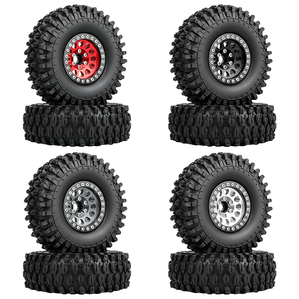 LonZeXy 1.9 Inch CNC Aluminum Beadlock Wheel Rim & Rubber Tire Assembly Triangle Inner Base For 1/10 RC Crawler Axial SCX10 Off Road Climbing Car Upgrade Wheels