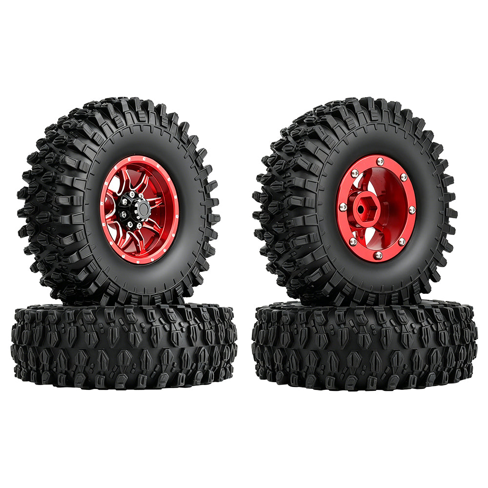 LonZeXy 1.9 Inch CNC Metal Beadlock Wheel Rims & Tyres Kit For 1/10 RC Offroad Crawler Axial SCX10, Alloy RC Wheel Hub Modification Accessories, Black Red Optional