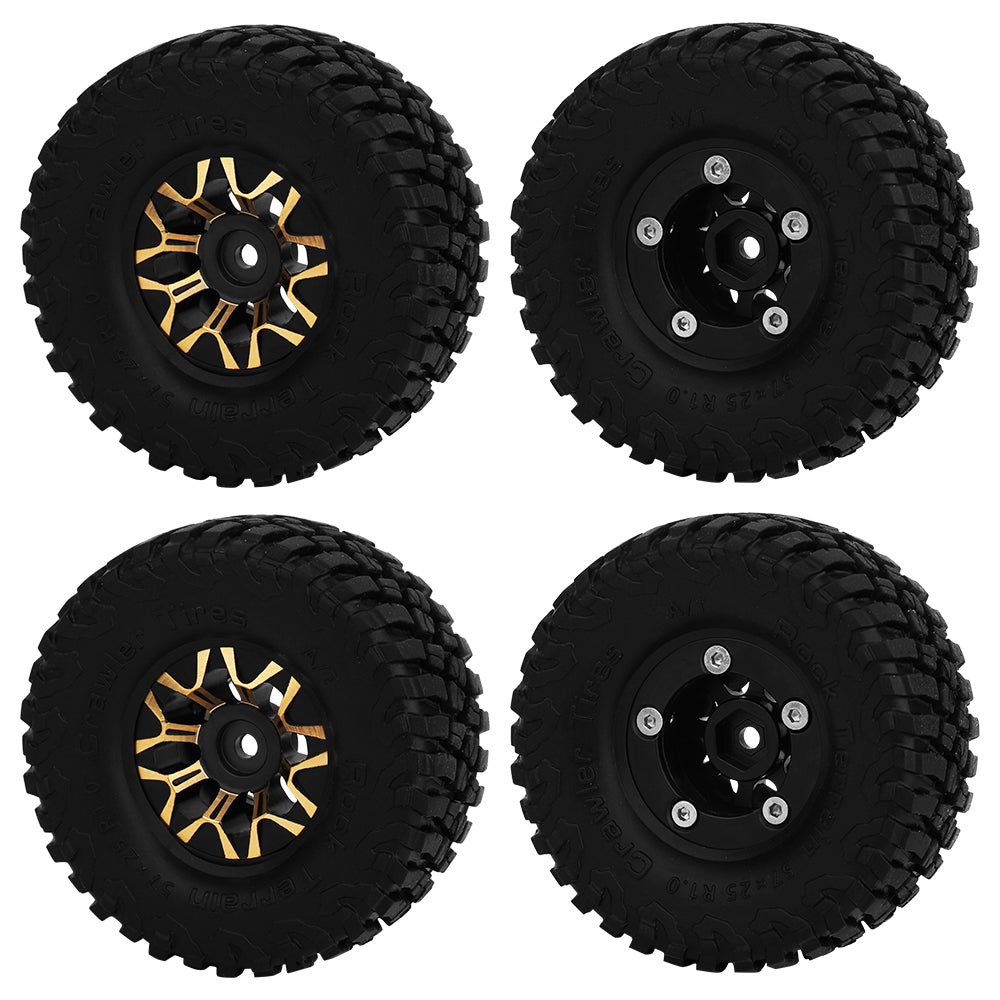 LonZeXy Black Gold CNC Brass Beadlock Wheel Hubs 4Pcs Weighted Rims with 58.7mm Rubber Tires for 1/18 1/24 RC Crawler Car Upgrade