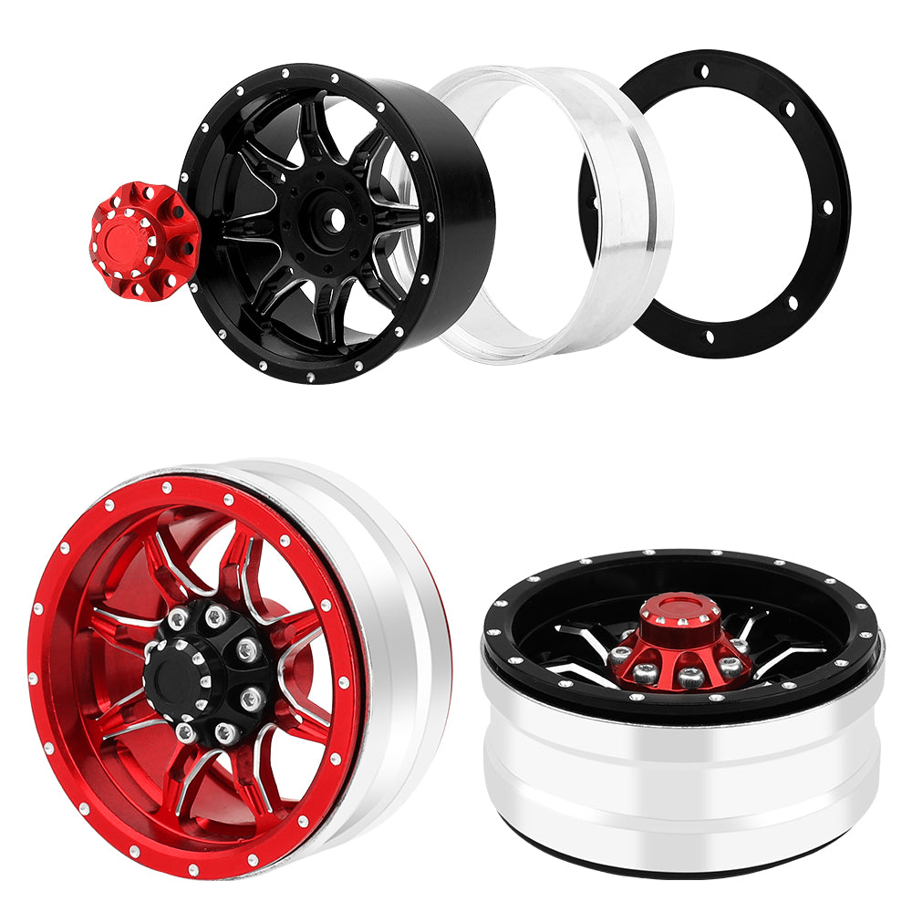 LonZeXy 1.9 Inch CNC Metal Beadlock Wheel Rims & Tyres Kit For 1/10 RC Offroad Crawler Axial SCX10, Alloy RC Wheel Hub Modification Accessories, Black Red Optional